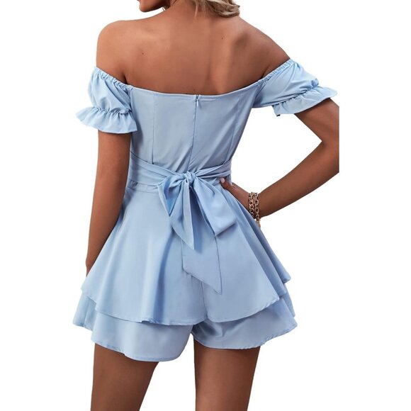 Lyaner Women Off Shoulder Ruffle Romper Wrap Tie Back Jumpsuit Short Blue - Picture 2 of 7